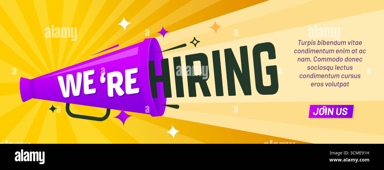 Nous embauchons la bannière, joignez-vous à notre équipe, embauchons la bannière de l'offre. Annonce avec mégaphone. Publicité d'emploi vectorielle, promotion de recrutement ou campagne d'embauche sur les médias sociaux pour attirer des candidats Illustration de Vecteur