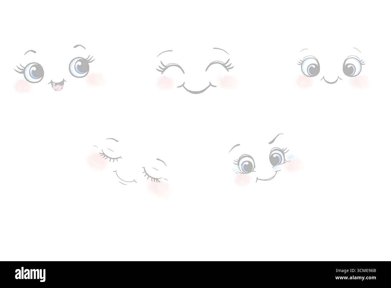 Silhouettes drôles de visages avec des émotions différentes. Illustration aquarelle. Ensemble de visages avec des yeux, souriant, bâillant, dormant, isolé sur bac blanc Banque D'Images