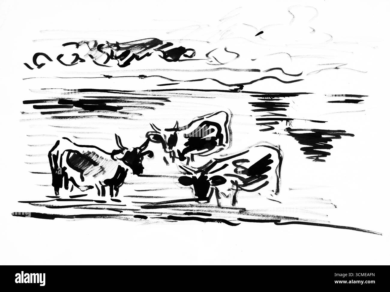 Croquis de vaches par Arnold Peter Weisz Kubincan - études animales du début du XXe siècle, dessin expressionniste hongrois, art de la vie rurale Banque D'Images