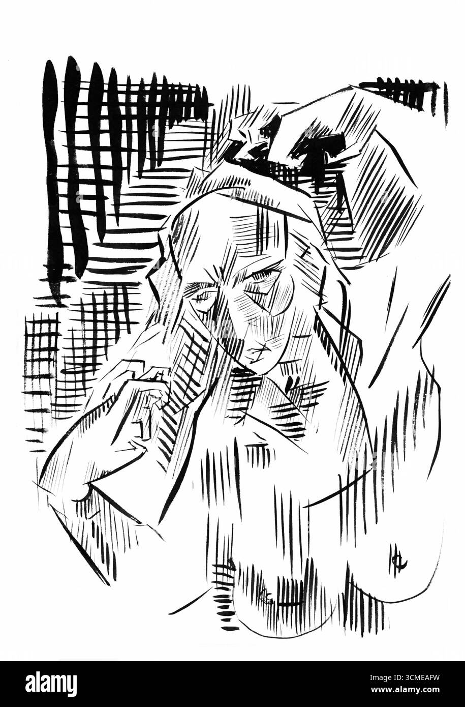 Sketchbook 19 femme par Arnold Peter Weisz Kubincan - dessin du début du XXe siècle, étude des femmes, art expressionniste hongrois Banque D'Images