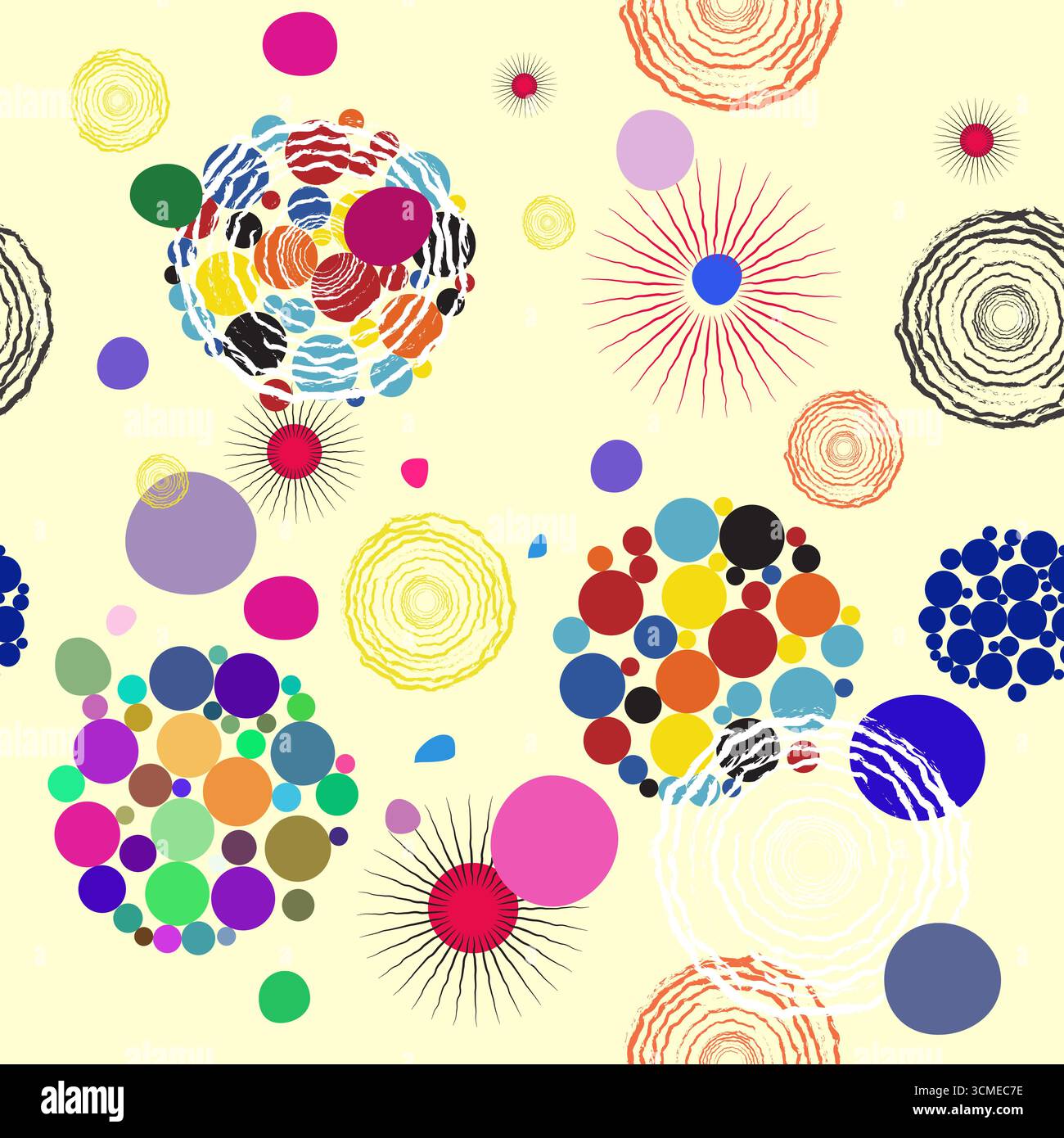 Un motif coloré de cercles et d'étoiles sur un fond jaune. Les cercles sont de tailles et de couleurs différentes, et les étoiles sont dispersées partout Illustration de Vecteur