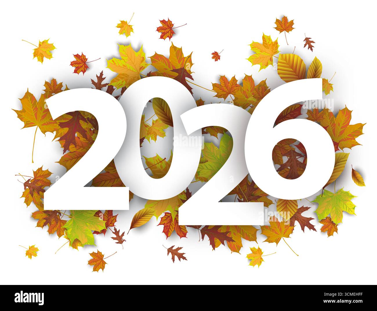 Feuillage d'automne 2026 2026 avec feuillage d'automne sur fond blanc. Banque D'Images