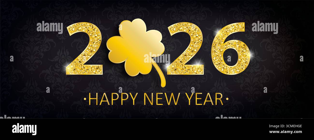 Header Black Wallpaper Shamrock Ornaments 2026 New Year bannière noire avec le Shamrock et le texte Happy New Year. Banque D'Images