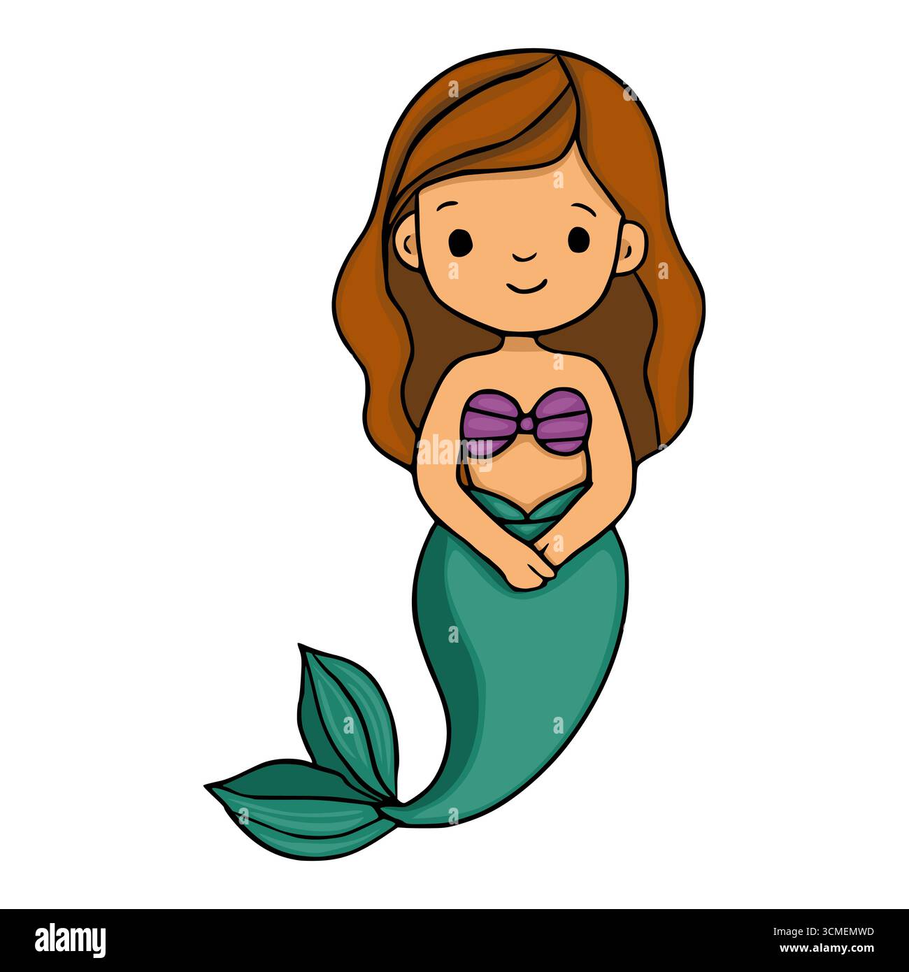 Illustration vectorielle adorable d'une sirène de bande dessinée avec des cheveux bruns et une queue sarcelle, portant un soutien-gorge en coquillage violet, parfait pour les livres pour enfants, greeti Illustration de Vecteur