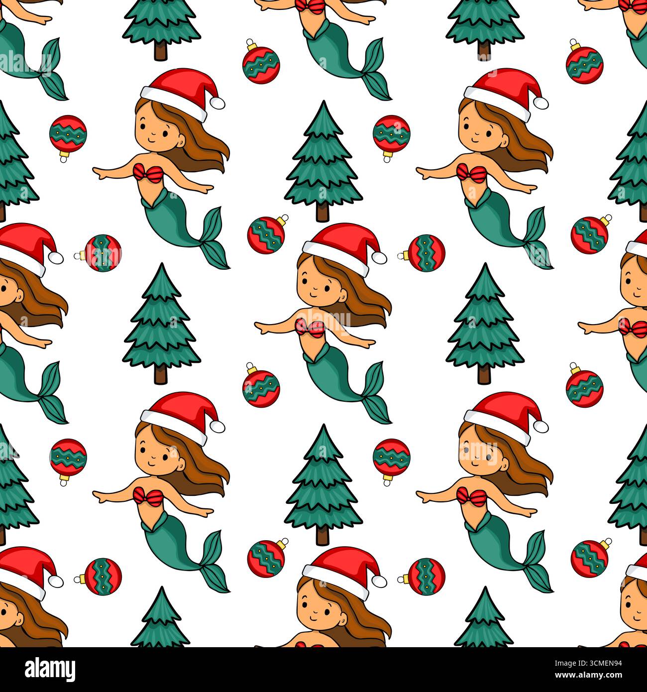 Modèle vectoriel sans couture avec des sirènes mignonnes portant des chapeaux de Père Noël, des arbres de Noël et des ornements, créant une scène de Noël sous-marine festive. Illustration de Vecteur