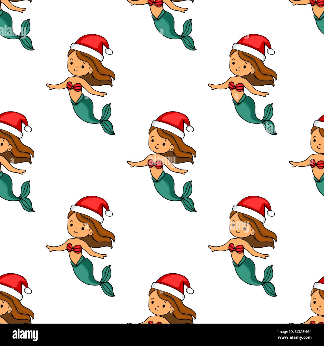 Modèle vectoriel sans couture de jolies sirènes de dessin animé portant des chapeaux de Père Noël, parfait pour les conceptions sur le thème de Noël et les arrière-plans festifs. Illustration de Vecteur