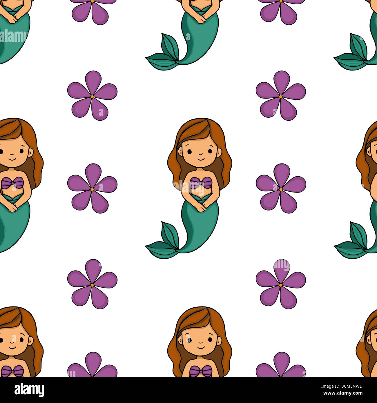 Modèle vectoriel sans couture avec des sirènes de dessin animé adorables avec des cheveux bruns et des queues sarcelle, entrecoupées de fleurs violettes stylisées sur un dos blanc Illustration de Vecteur