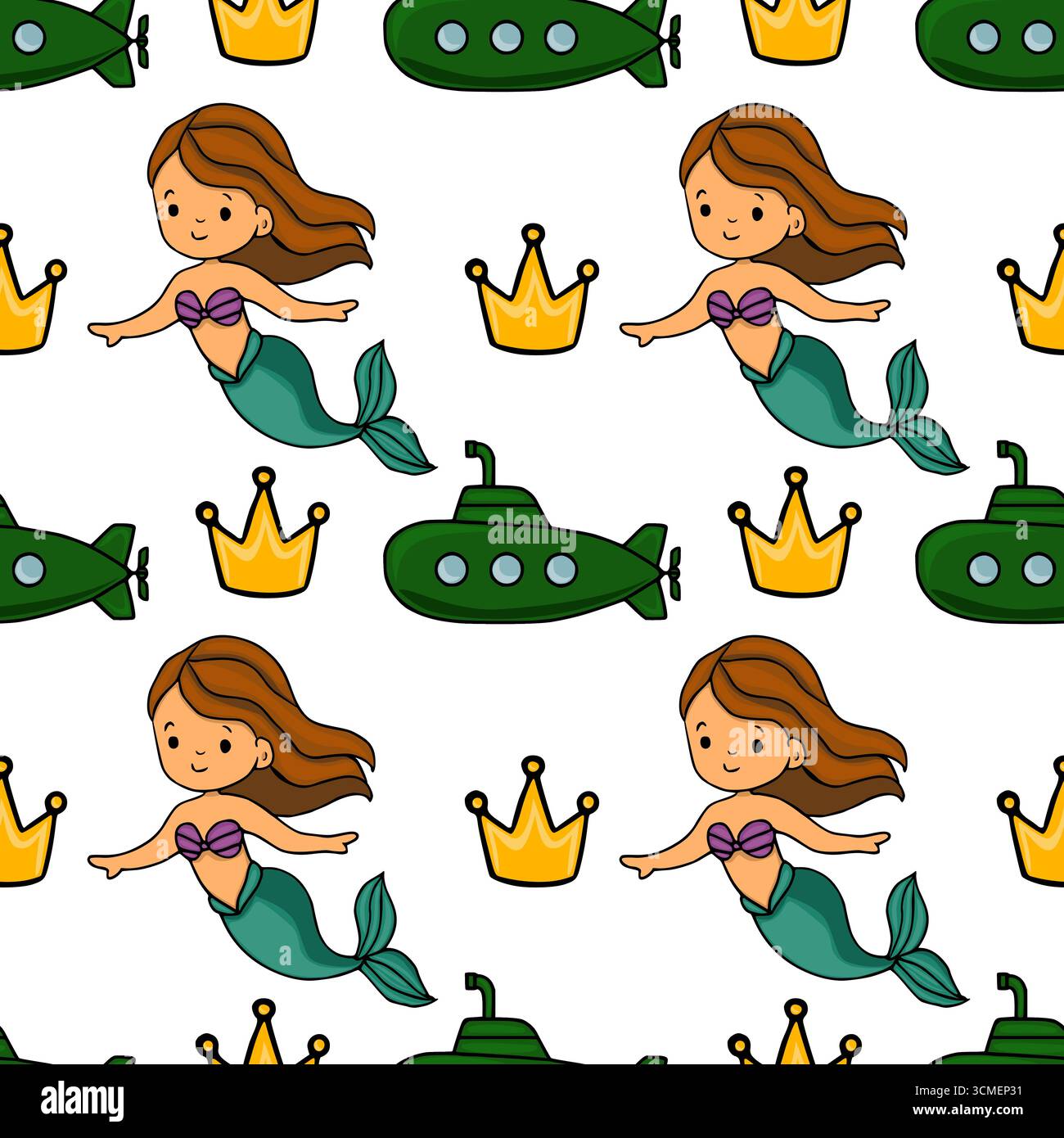 Motif vectoriel sans couture avec de charmantes sirènes avec des cheveux bruns fluides, des queues sarcelle, des hauts de coquillages violets, des couronnes dorées et un sous-marin vert foncé Illustration de Vecteur