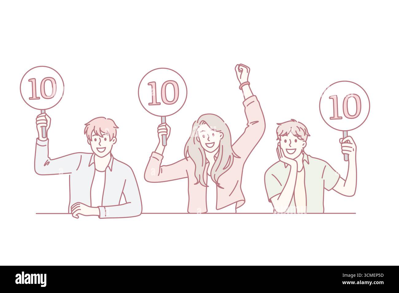 Travailler comme jury du concept de concours. Groupe de jeunes souriants assis et montrant des signes avec dix points scores salutation participant illustration du vecteur Illustration de Vecteur