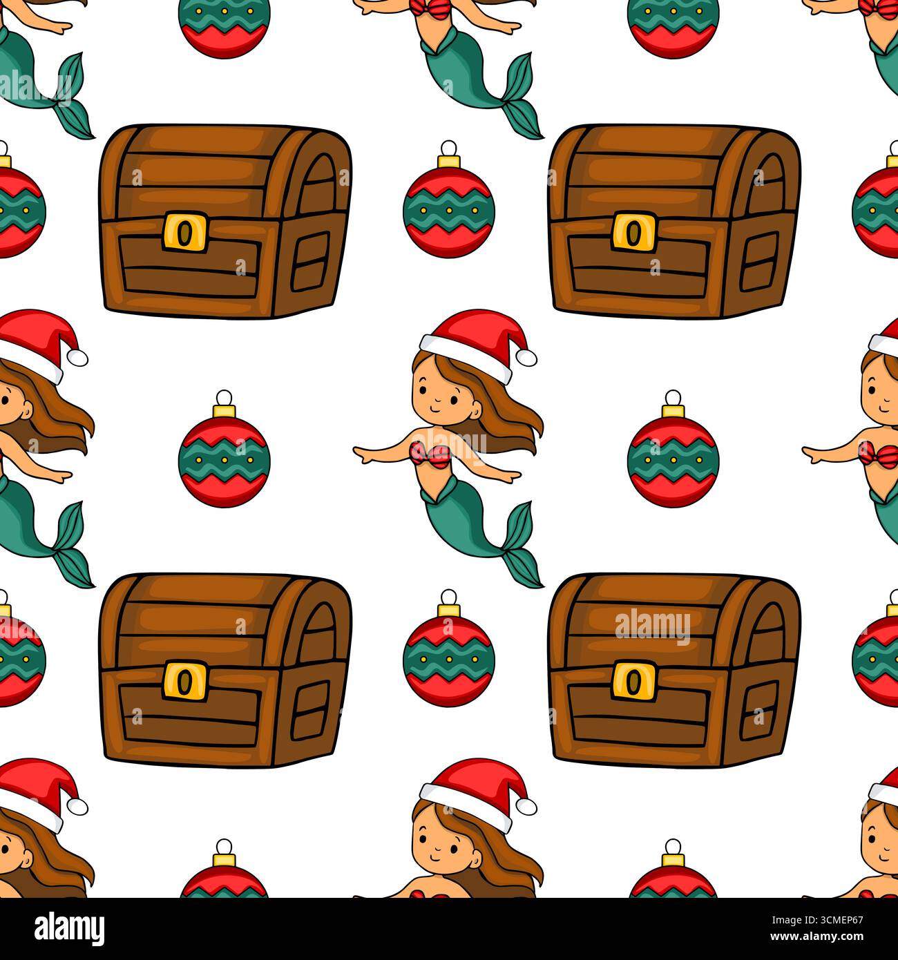 Modèle vectoriel sans couture avec des sirènes mignonnes portant des chapeaux de Père Noël, coffres au trésor en bois et ornements de Noël festifs dans un joyeux, dessiné à la main Illustration de Vecteur
