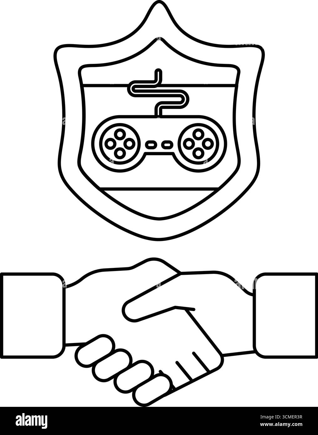 Une poignée de main entre deux personnes avec une manette de jeu vidéo au milieu. La manette est une manette Nintendo Wii Illustration de Vecteur