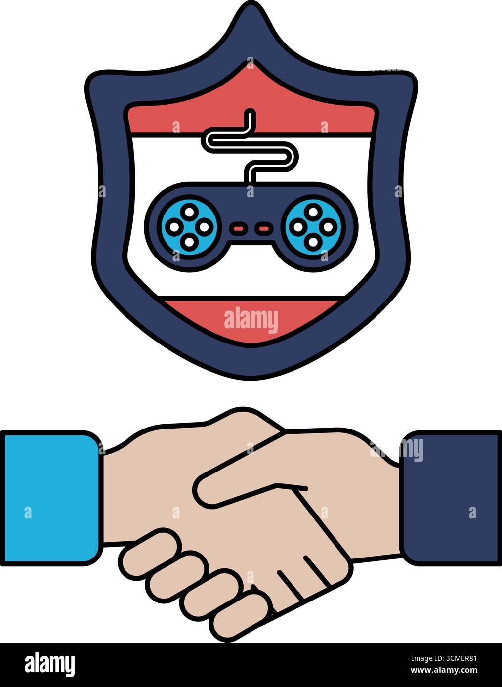 Une poignée de main entre deux personnes avec une manette de jeu vidéo au milieu. La manette est une manette Nintendo Wii Illustration de Vecteur