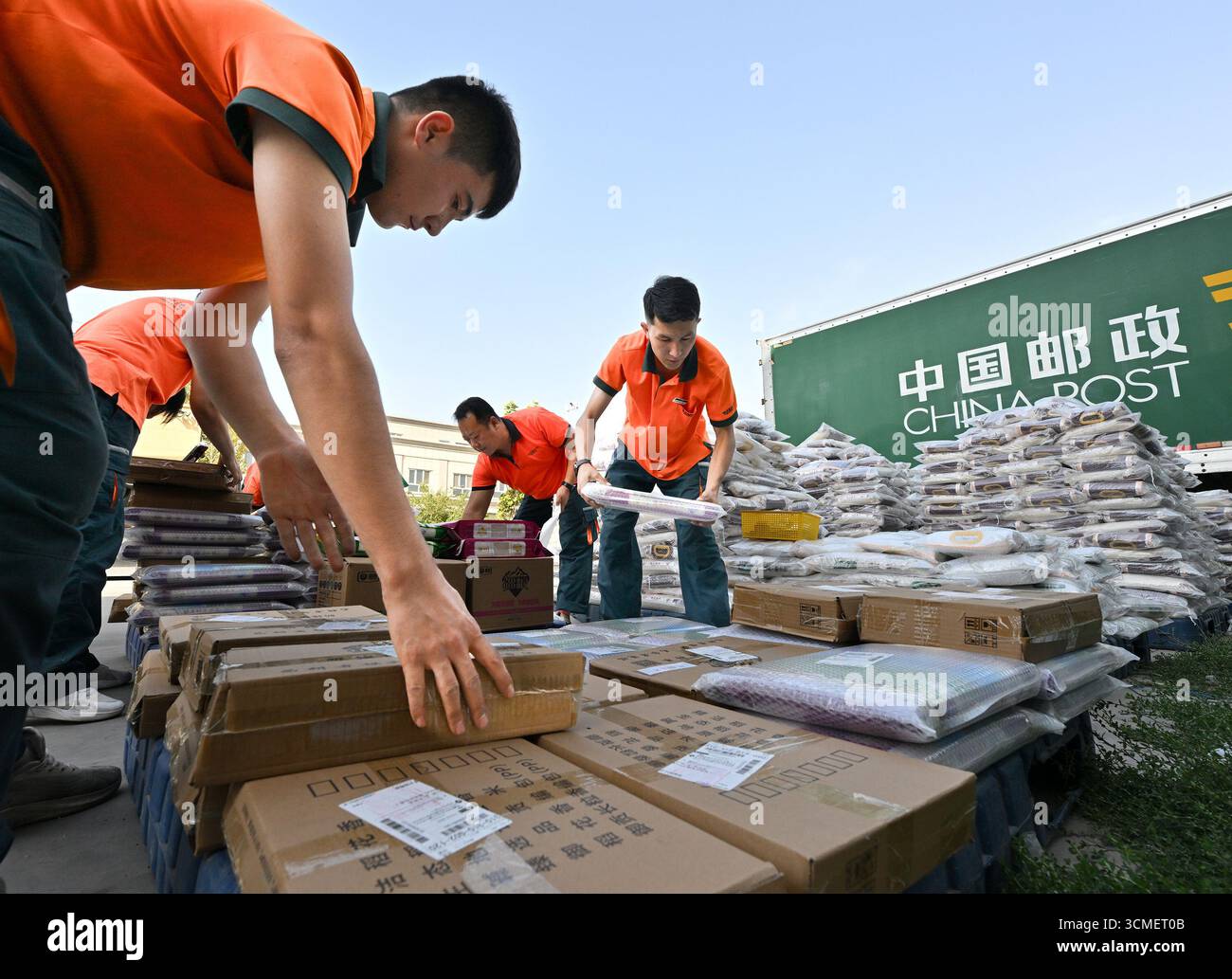 (250916) -- URUMQI, 16 septembre 2025 (Xinhua) -- les travailleurs des postes étiquettent le riz emballé à livrer dans une entreprise alimentaire de la préfecture autonome kazakhe d'Ili, région autonome ouïgur du Xinjiang, au nord-ouest de la Chine, 8 septembre 2025. China Post Ili Branch a pleinement tiré parti de sa propre plateforme de commerce électronique et de son réseau postal pour aider à la vente de produits agricoles locaux de haute qualité. Ces dernières années, la branche Xinjiang de China Post a étendu ses services postaux aux aux communautés locales des zones reculées et aux avant-postes frontaliers. En outre, elle a construit une chaîne d'approvisionnement de produits agricoles de haute qualité dans toute la regio Banque D'Images