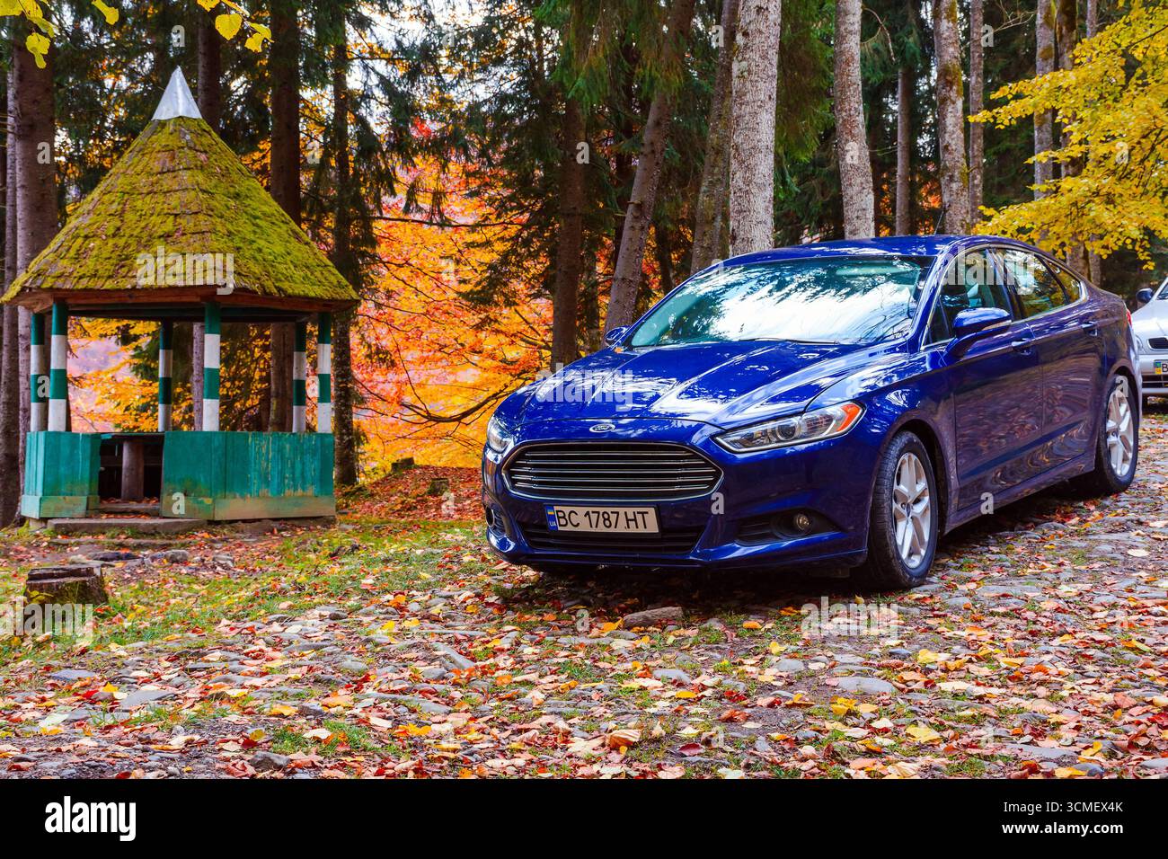 transcarpathie, ukraine - 24 octobre 2021 : fusion blue ford dans la forêt d'automne. beau paysage avec route de gravier à travers la forêt dans le feuillage orange. tra Banque D'Images