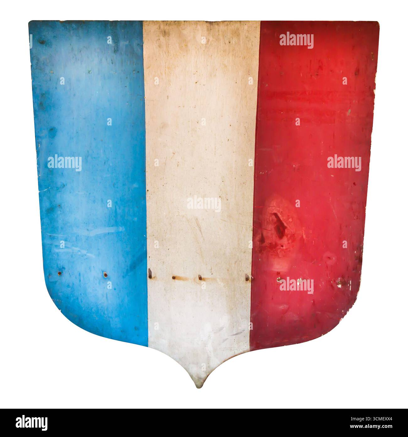 Ancien bouclier d'armoiries français en bois isolé sur un fond blanc Banque D'Images