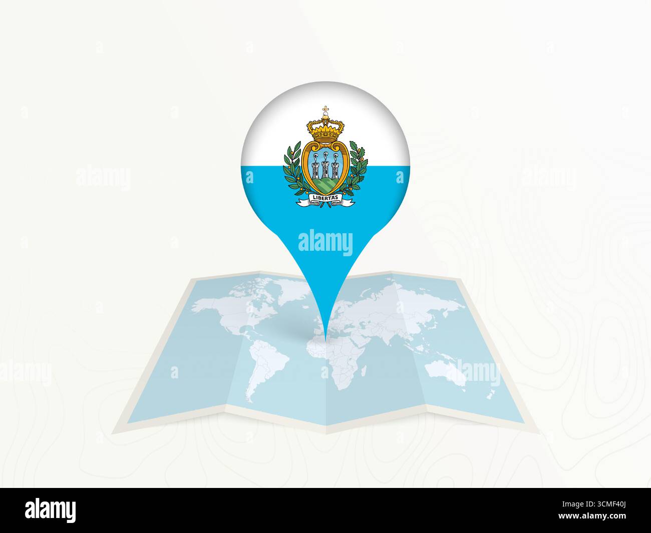 Carte Saint-Marin épingle avec drapeau national sur la carte du monde ouvert. Parfait pour une utilisation dans les guides de voyage, le contenu de géographie, les concepts de positionnement global et interna Illustration de Vecteur