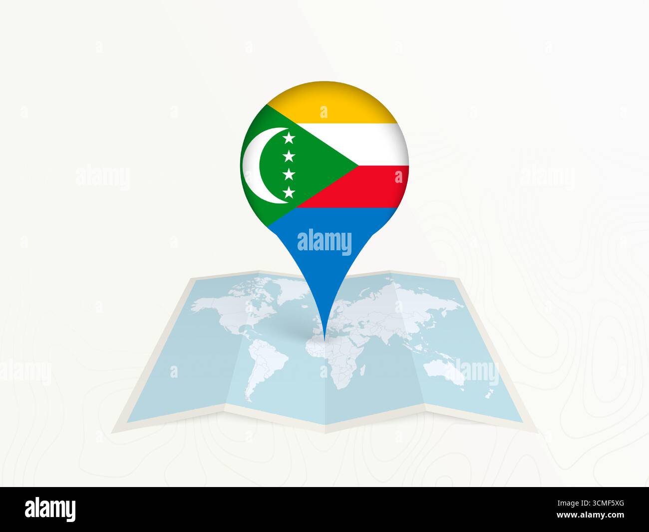 Épingle de la carte Comores avec drapeau national sur la carte du monde ouvert. Parfait pour une utilisation dans les guides de voyage, le contenu géographique, les concepts de positionnement global et internatio Illustration de Vecteur