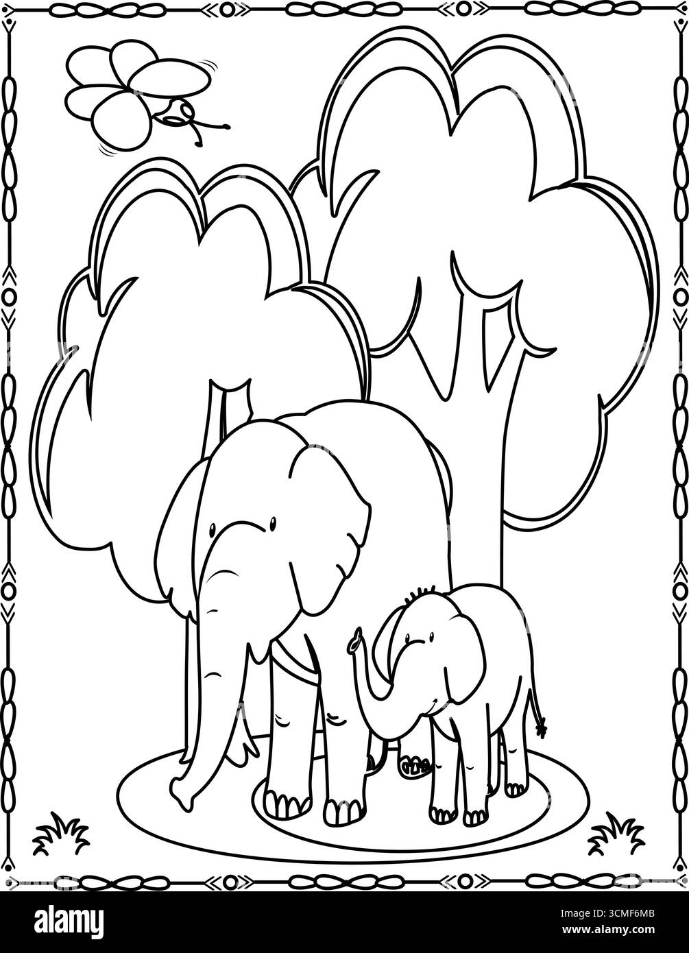 Un bébé éléphant avec sa mère. Livre de coloriage pour enfants. Illustration de Vecteur