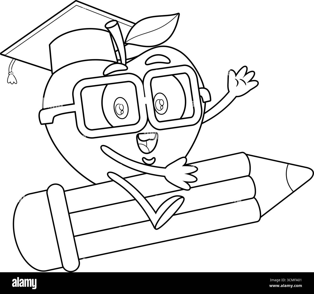 Cute Apple Student Cartoon Character Riding Giant Pencil - illustration dessinée à la main en noir et blanc vectoriel isolé sur fond transparent Illustration de Vecteur