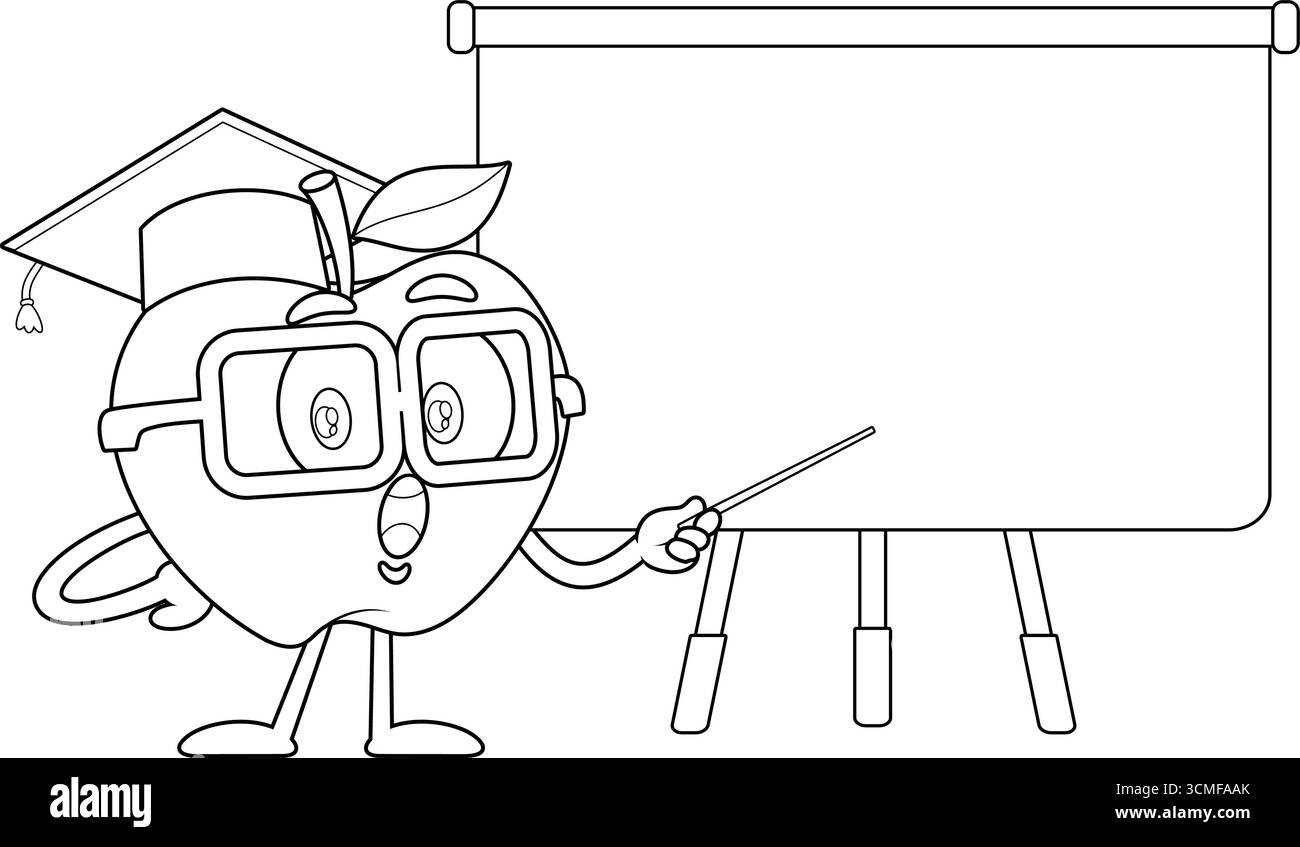 Drôle de personnage de dessin animé Apple Teacher avec des lunettes et une casquette de graduation pointant sur le tableau blanc vierge - noir et blanc Illustration de Vecteur