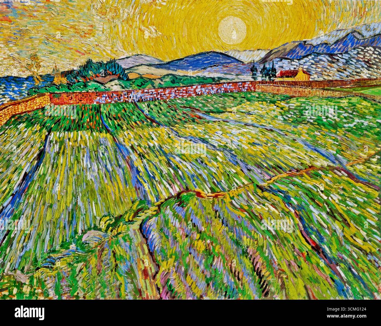 Vincent van Gogh, champ clos avec Soleil levant, peinture de paysage à l'huile sur toile, 1889 Banque D'Images