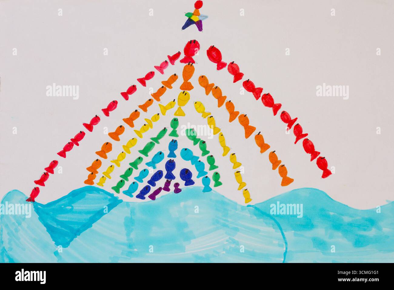 École de poissons sautant hors de l'eau dessinant par l'enfant à l'aide de feutres Banque D'Images