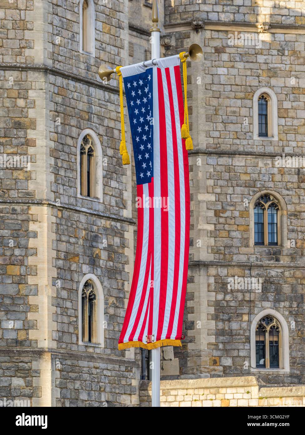 Drapeau des États-Unis, voler devant le château de Windsor, à Mark, Trumps, 2ème visite d'État au Royaume-Uni, Windsor, Berkshire, Angleterre, Royaume-Uni, GB. Banque D'Images