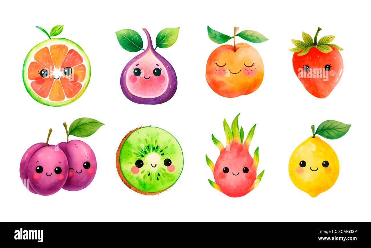 Aquarelle fruits Clipart Set – illustrations de fruits tropicaux et d'été peints à la main pour impression et conception Banque D'Images