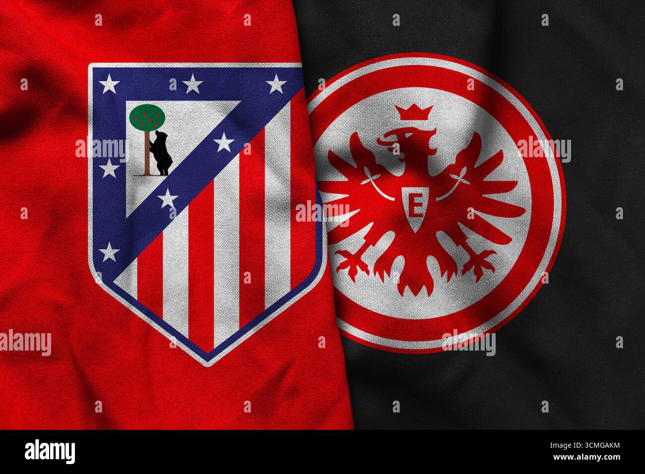 Pringsewu, Lampung ; 16 septembre 2025 ; texture ondulée originale du logo du club de football de l'Atletico Madrid contre l'Eintracht Francfort à l'UEFA Banque D'Images