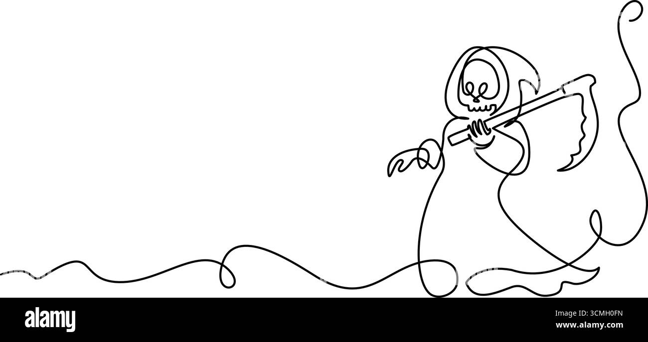 Carte décorative d'Halloween. Faucheuse sinistre. Une seule ligne Dessin au trait continu Illustration de Vecteur