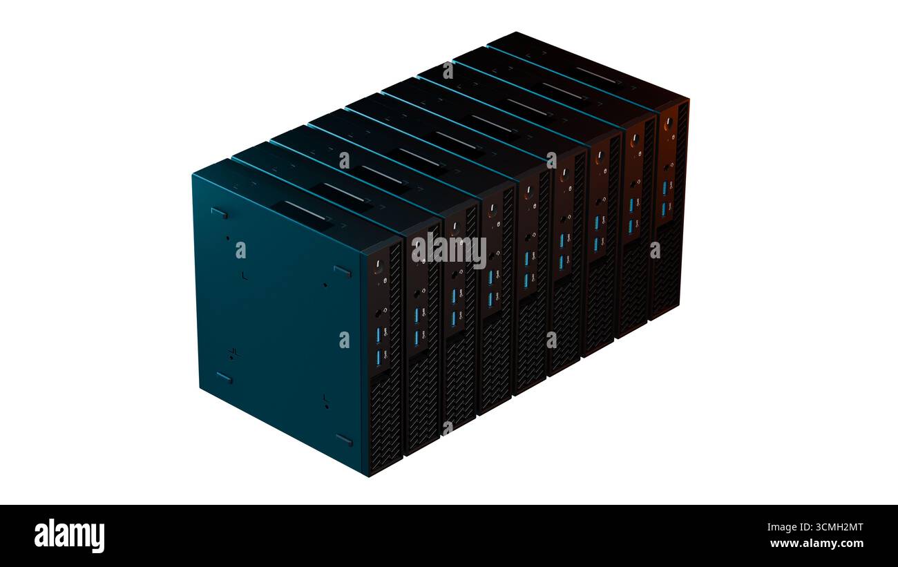 Illustration 3D d'une pile de rack de serveur moderne dans des tons bleu foncé isolé sur fond blanc. Parfait pour les projets INFORMATIQUES, de datacenter et de technologie Banque D'Images