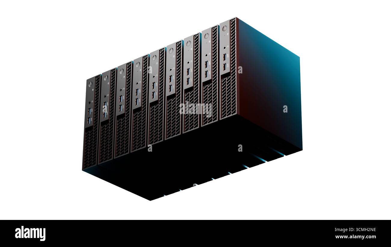 Rendu 3D d'une pile de serveurs futuristes avec des accents lumineux bleus isolés sur un fond blanc propre. Technologie visuelle parfaite pour L'INFORMATIQUE, Datacente Banque D'Images