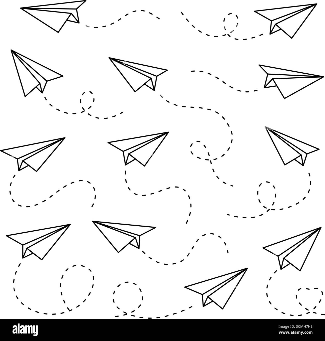 Avions minimalistes en papier avec des trajectoires de vol en pointillés. Doodle linéaire noir et blanc en mouvement dynamique, symbolisant la liberté et le voyage Illustration de Vecteur