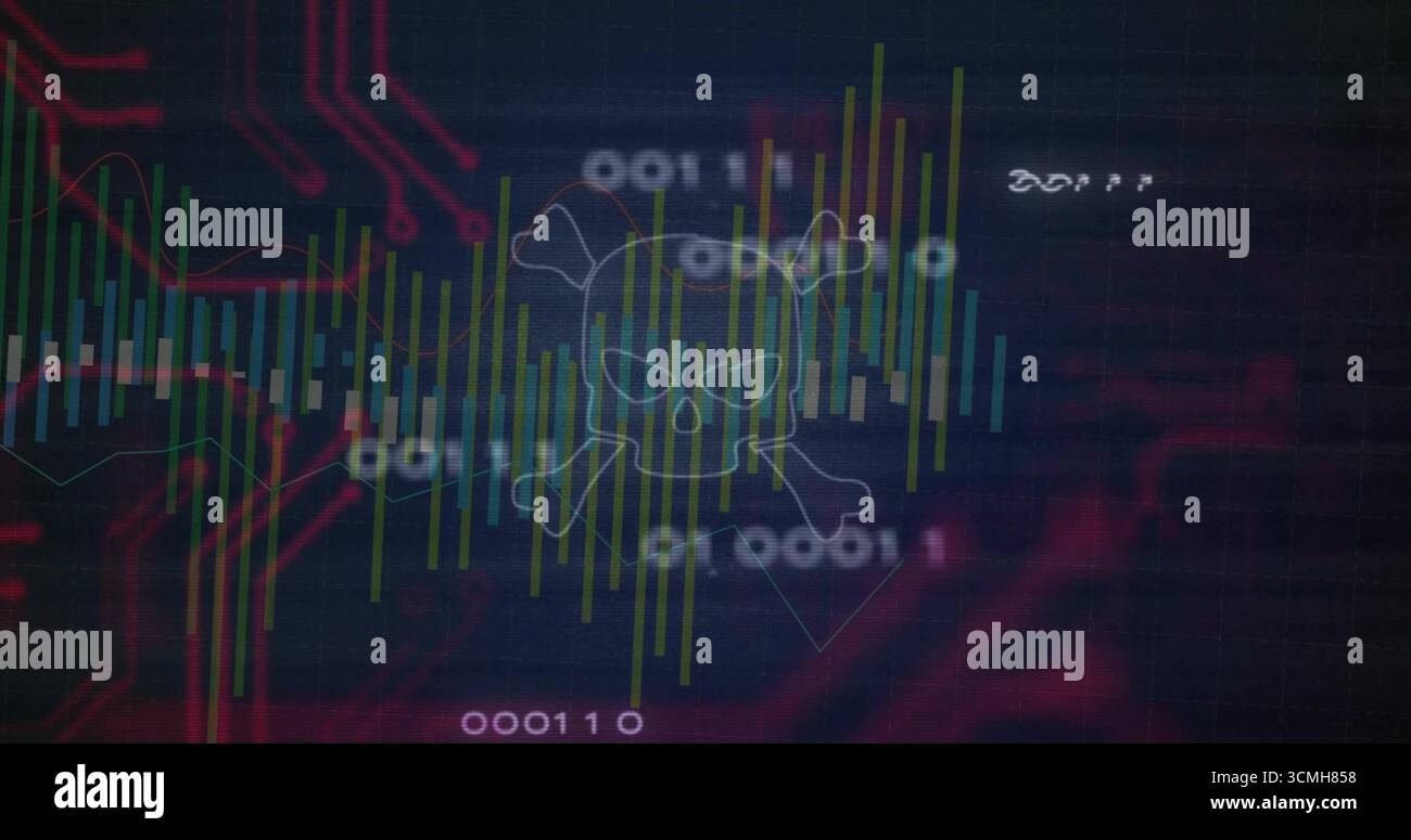 Icône de crâne flottant et de croisillons planant sur l'interface avec des barres colorées et du code binaire Banque D'Images
