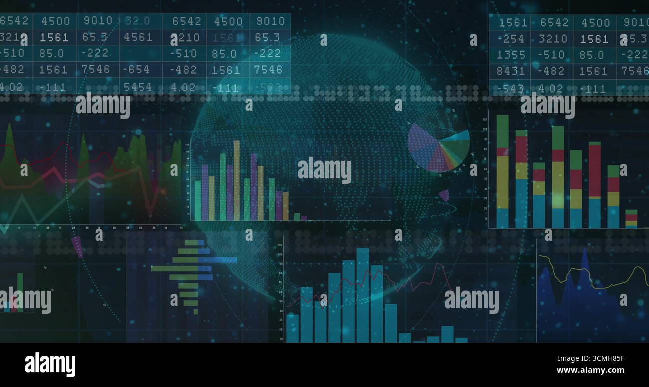 Affichage du code binaire 3D globe en streaming dans le tableau de bord analytique, avec des graphiques à barres et linéaires, des tableaux Banque D'Images