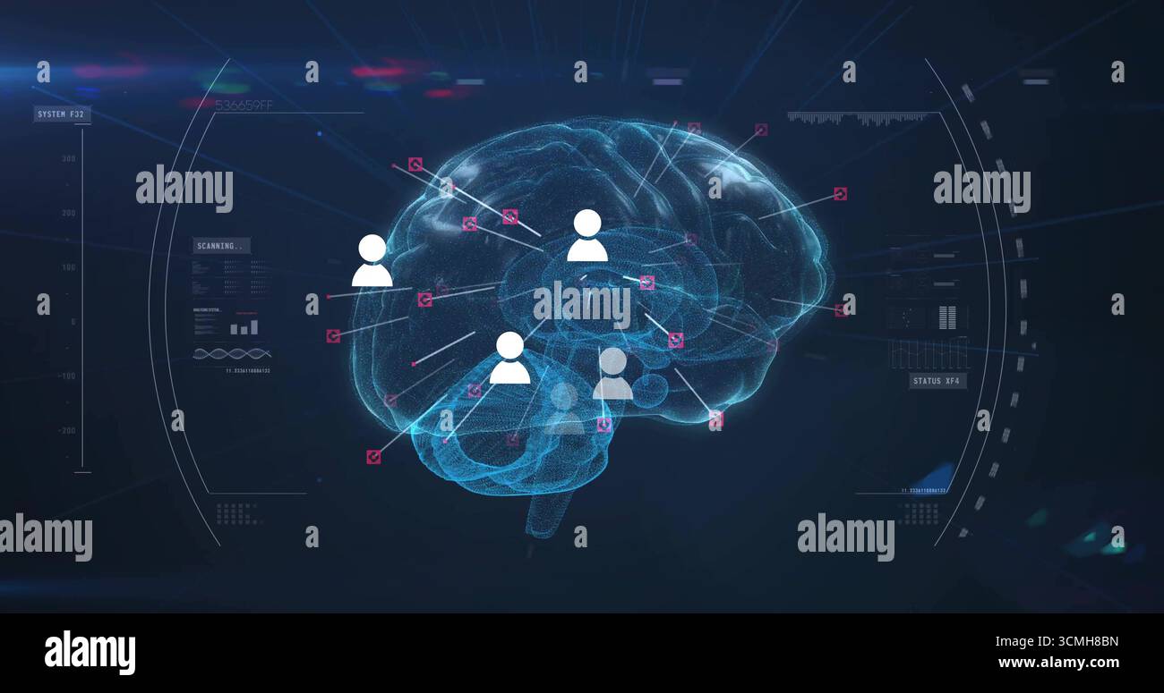 Affichage du modèle 3D holographique du cerveau sur l'interface virtuelle sombre, montrant les icônes de profil utilisateur et HUD Banque D'Images