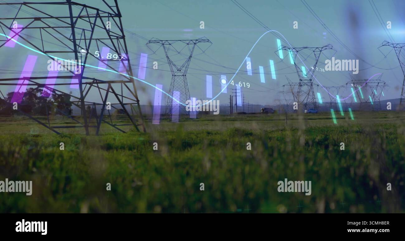 Montrant une tour en treillis d'acier transportant des lignes électriques à travers le champ rural, avec des graphiques à barres flottantes Banque D'Images
