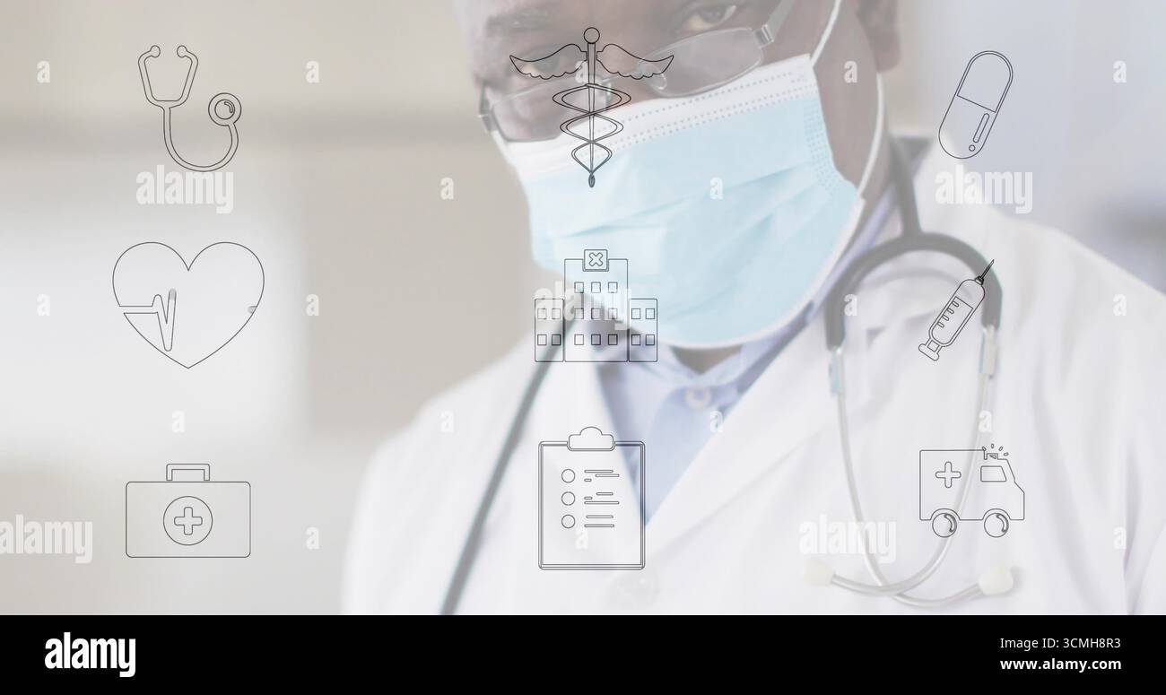 Médecin debout portant une blouse de laboratoire, masque chirurgical, avec des icônes superposées dans le couloir de la clinique, espace de copie Banque D'Images