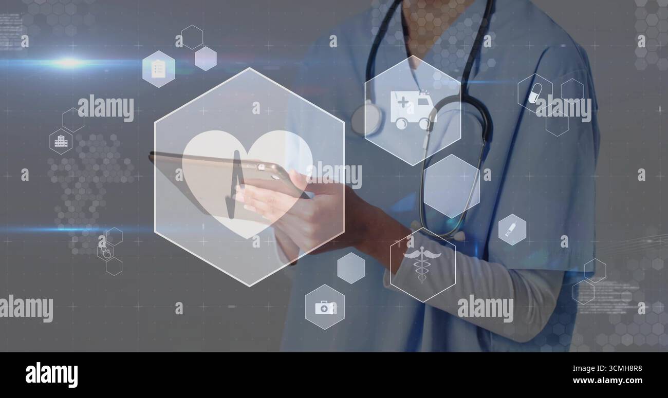 Montrer infirmière en gommage avec stéthoscope à l'aide de tablette en santé numérique avec des icônes hexadécimales, espace copie Banque D'Images
