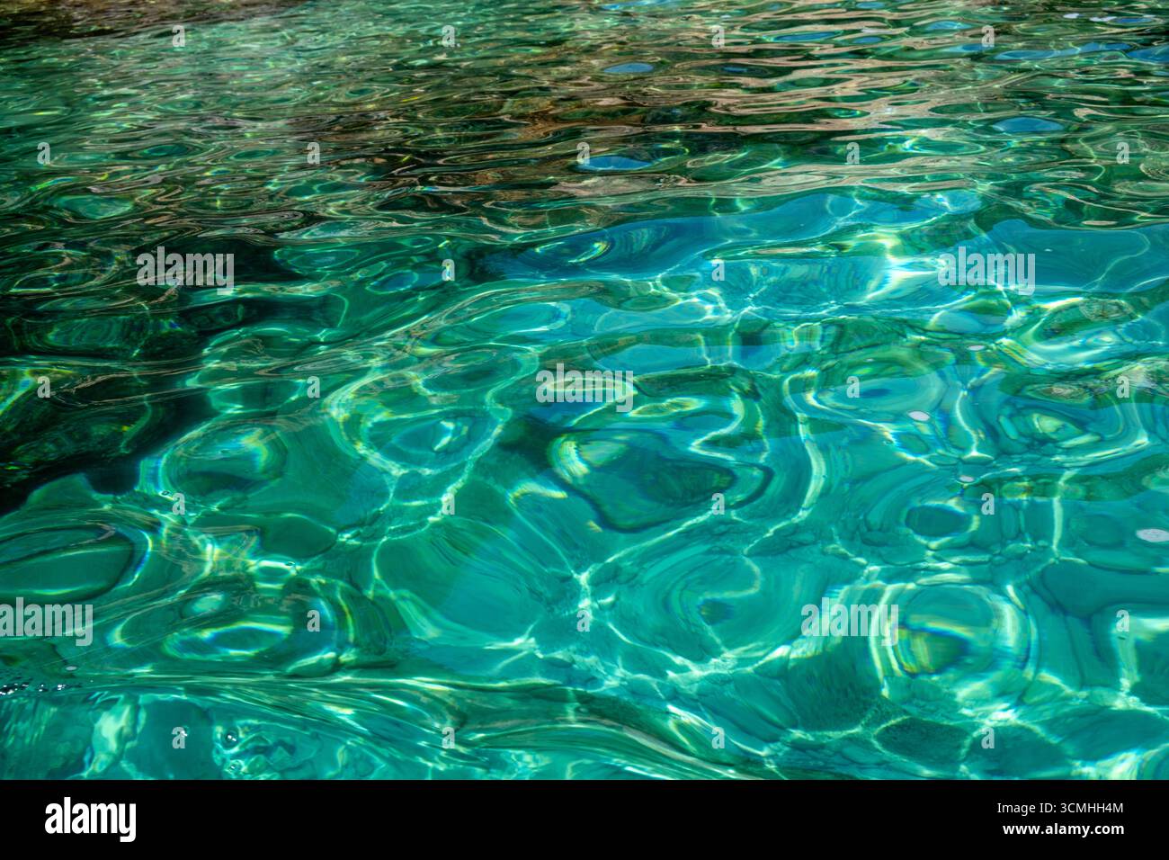 Fond de surface d'eau de mer turquoise lumineux, ondulations chatoyantes et reflets de la lumière du soleil, au-dessus de la vue Banque D'Images