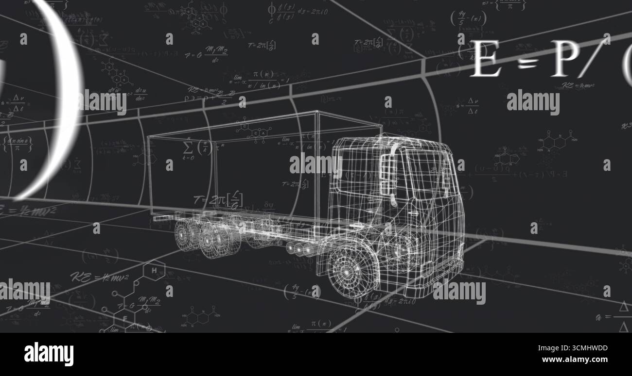 Affichage de semi-remorque filaire dans un tunnel avec des lignes de grille, des équations, des formules chimiques Banque D'Images