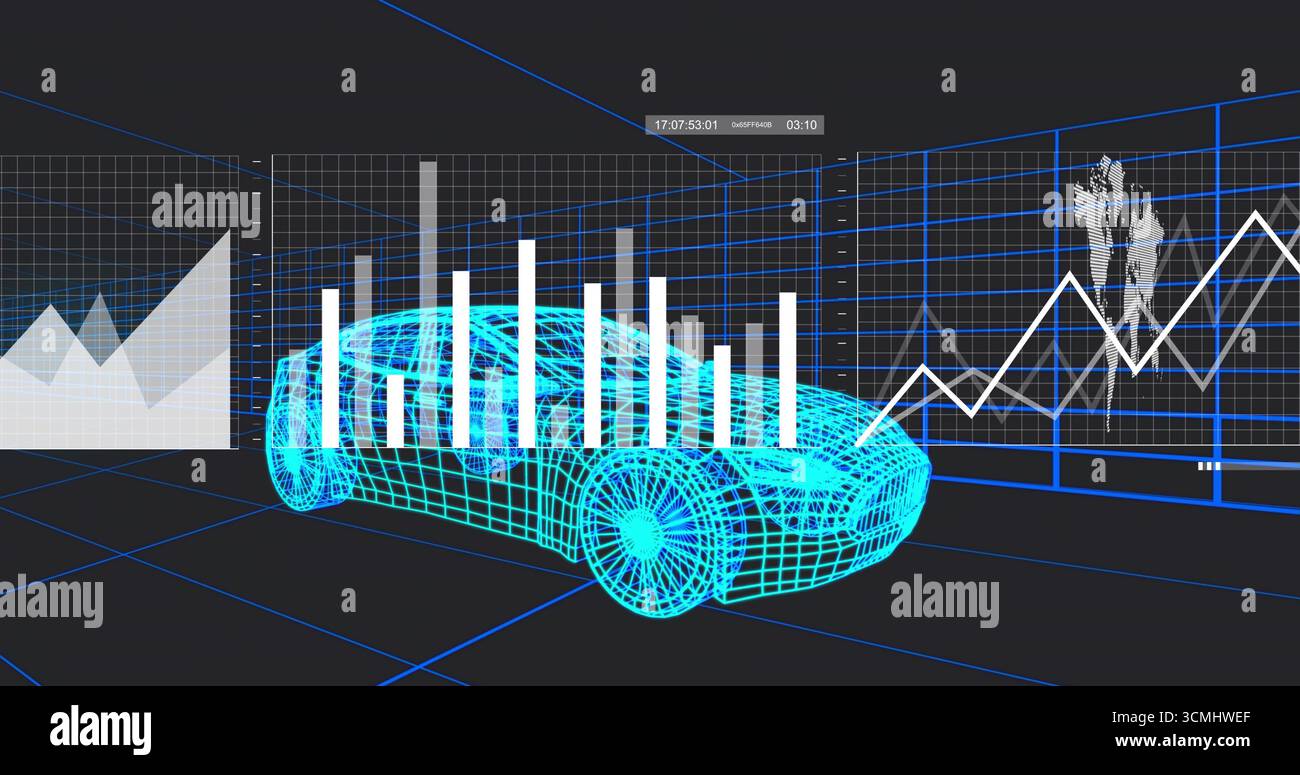 Affichage du modèle de voiture filaire cyan sur le sol de la grille dans Data Studio, avec graphiques à barres et horodatage Banque D'Images