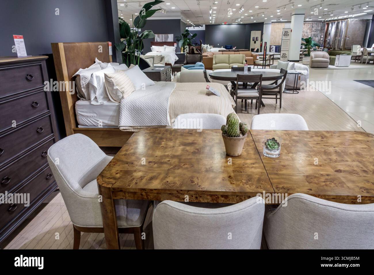 Aventura Mall Miami Florida, meubles de maison pour hommes de Macy, grand magasin shopping, intérieur, table à manger et chaises affichage, lumière de table en bois f Banque D'Images