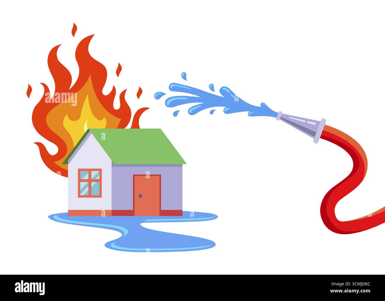 éteignez une maison en feu avec un tuyau d'incendie. illustration plate. Illustration de Vecteur