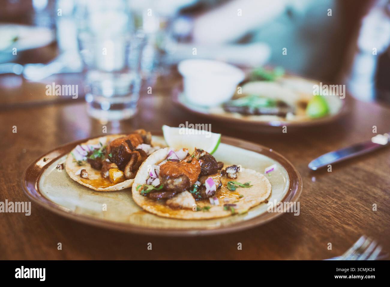 Gros plan de deux tacos au poulet tiré avec des légumes sur une table en bois Banque D'Images
