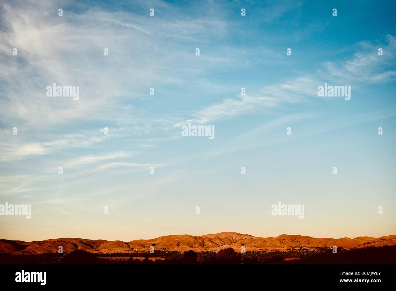 Collines dorées et ciel ouvert à Lime Ridge Open Space à Concord, Californie, capturant la beauté naturelle des contreforts de la chaîne Diablo au coucher du soleil. Banque D'Images