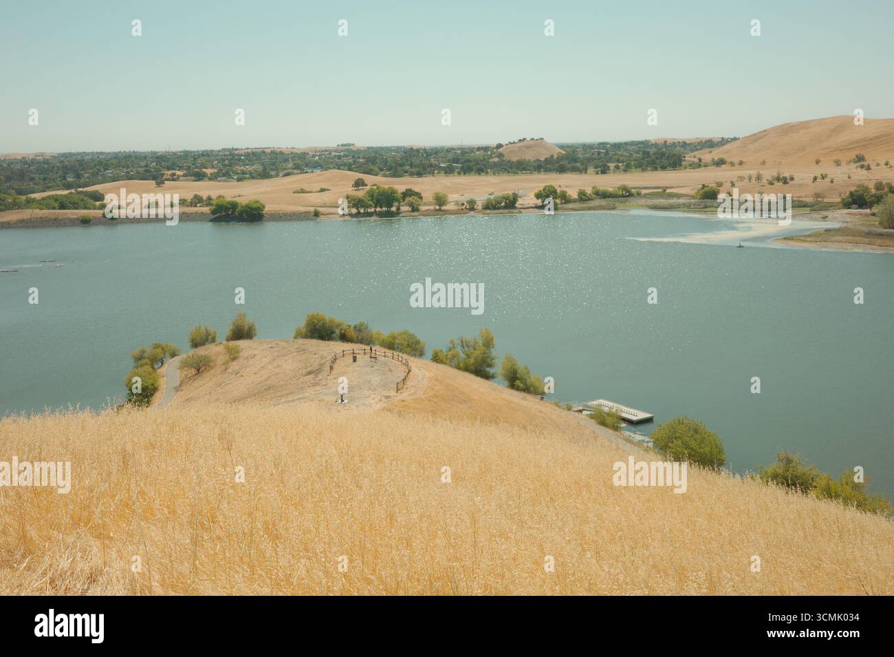Collines herbeuses dorées de Contra Loma dans les parcs régionaux d'East Bay, en Californie, capturées sous un ciel clair et une lumière douce. Banque D'Images