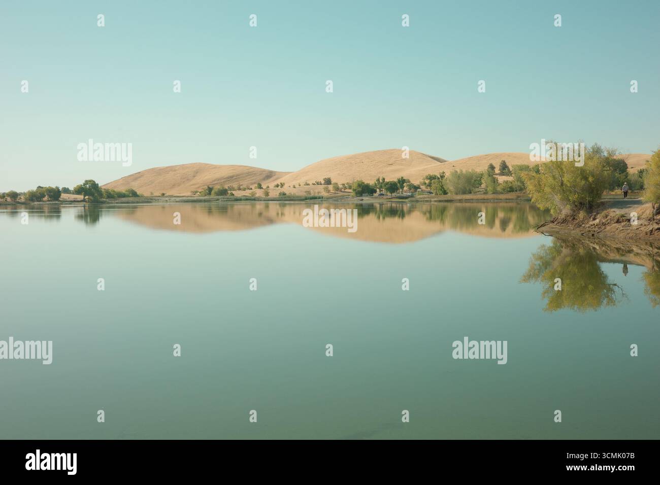 Vues estivales du réservoir Contra Loma dans le quartier du parc régional East Bay. Les photographies capturent des coteaux dorés, des reflets d'eaux tranquilles. Banque D'Images