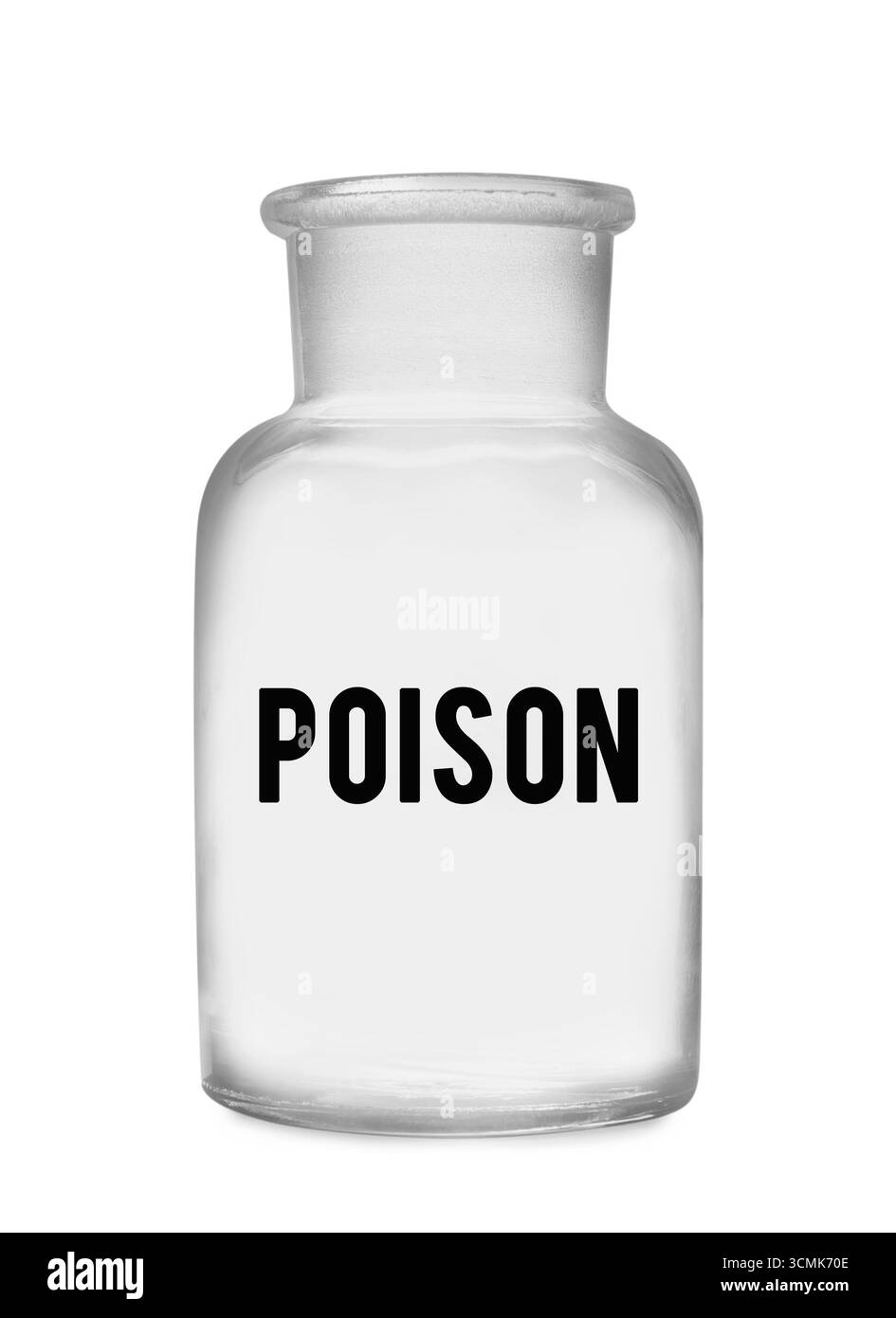 Bouteille vide avec étiquette poison sur fond blanc Banque D'Images