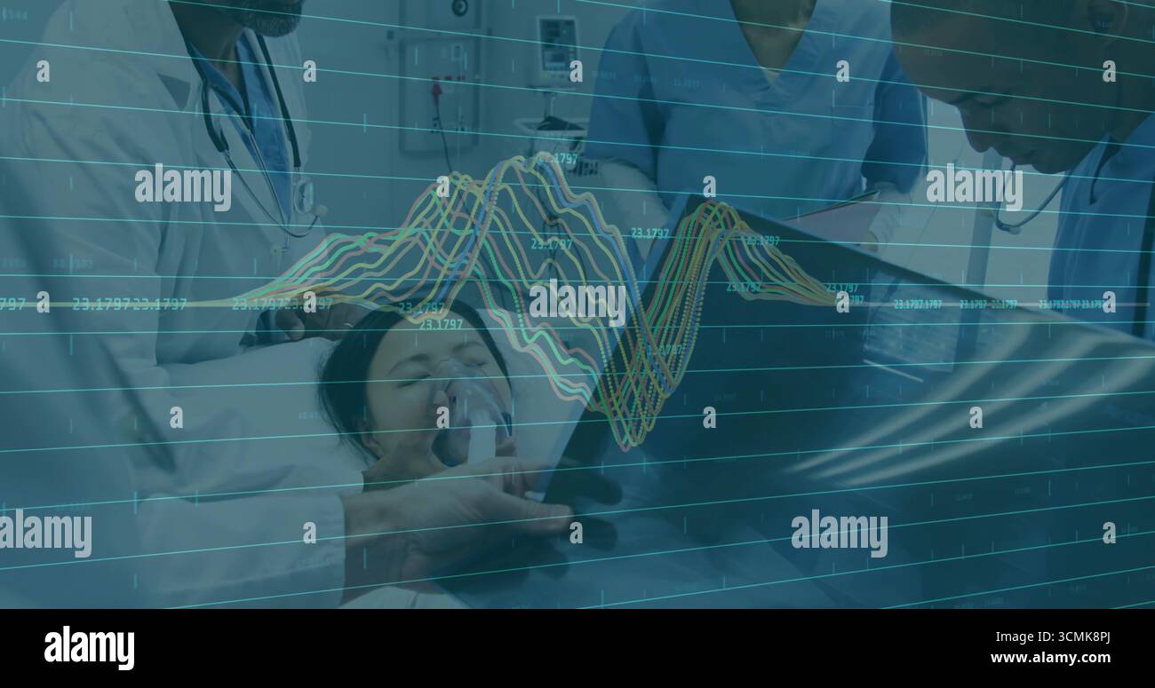 Équipe soignante surveillant une patiente portant un masque à oxygène en USI, avec superposition des relevés ECG Banque D'Images